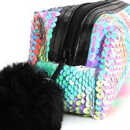 PHOGARY Sequin Preppy Pencil Case for Girls, Fluffy Zip Pull Pouch Bag Holographic Pen Case Sparkling School Stuff Shimmery Glitter Makeup Bag (Purple, Silver)