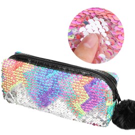 PHOGARY Sequin Preppy Pencil Case for Girls, Fluffy Zip Pull Pouch Bag Holographic Pen Case Sparkling School Stuff Shimmery Glitter Makeup Bag (Purple, Silver)
