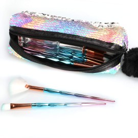 PHOGARY Sequin Preppy Pencil Case for Girls, Fluffy Zip Pull Pouch Bag Holographic Pen Case Sparkling School Stuff Shimmery Glitter Makeup Bag (Purple, Silver)