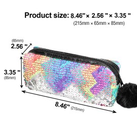 PHOGARY Sequin Preppy Pencil Case for Girls, Fluffy Zip Pull Pouch Bag Holographic Pen Case Sparkling School Stuff Shimmery Glitter Makeup Bag (Purple, Silver)