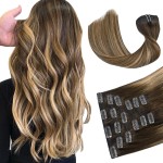 HUAYI Hair Extensions Real Human Hair Ombre Medium Brown with Caramel Blonde Balayage 120g 16 inch Highlights 100% Real Hair Extensions for Women Beauty Clip ins 4/27/4 Balayage Brown to Blonde
