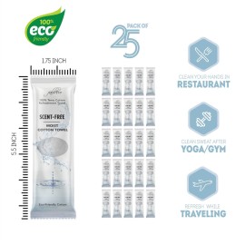 FabbPro Oshibori Moist Terry Cotton Refreshment Towels (25 Pack, 8 x 8 Inches) - White Pre-moistened Towels to Use Hot or Cold (Unscented)