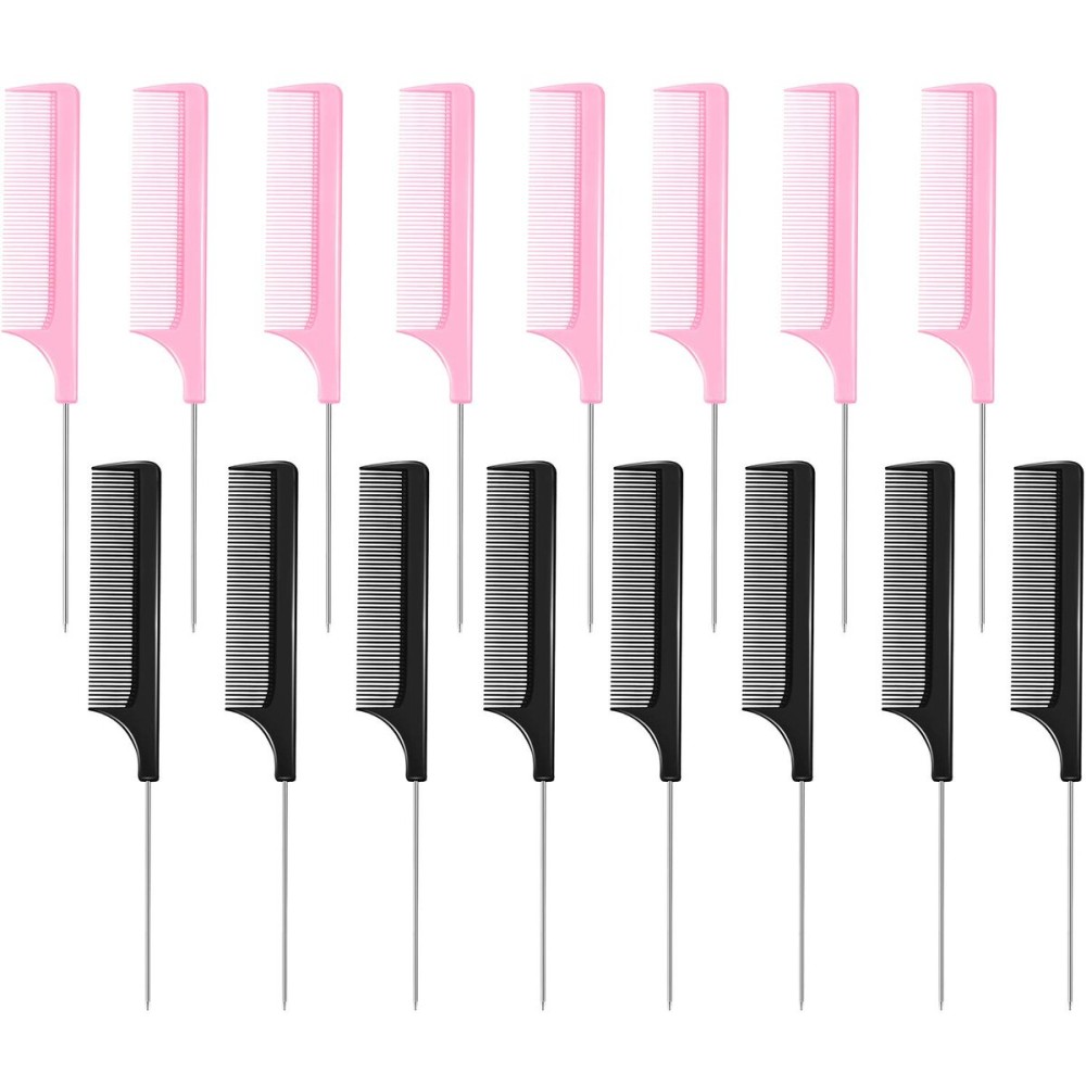 16 Pcs Rat Tail Comb Foiling Steel Pin Parting Fiber Heat Resistant Teasing Combs with Pintail for Women Girls Hair Styling(Black and Pink)