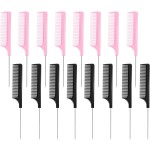 16 Pcs Rat Tail Comb Foiling Steel Pin Parting Fiber Heat Resistant Teasing Combs with Pintail for Women Girls Hair Styling(Black and Pink)