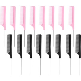 16 Pcs Rat Tail Comb Foiling Steel Pin Parting Fiber Heat Resistant Teasing Combs with Pintail for Women Girls Hair Styling(Black and Pink)