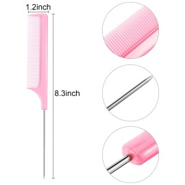 16 Pcs Rat Tail Comb Foiling Steel Pin Parting Fiber Heat Resistant Teasing Combs with Pintail for Women Girls Hair Styling(Black and Pink)