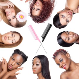 16 Pcs Rat Tail Comb Foiling Steel Pin Parting Fiber Heat Resistant Teasing Combs with Pintail for Women Girls Hair Styling(Black and Pink)