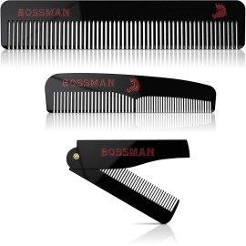 Bossman Acetate Beard, Hair & Mustache Combs for Men - Men\'s Beard, Mustach and Hair Combs with Small Folding Pocket Comb (Set of 3)