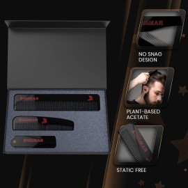 Bossman Acetate Beard, Hair & Mustache Combs for Men - Men\'s Beard, Mustach and Hair Combs with Small Folding Pocket Comb (Set of 3)