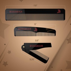 Bossman Acetate Beard, Hair & Mustache Combs for Men - Men\'s Beard, Mustach and Hair Combs with Small Folding Pocket Comb (Set of 3)