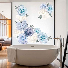Amaonm Creative Removable 3D Light Blue and White Peony Flower Wall Decals Floral Wall Sticker DIY Peel and Stick Art Decor for Living Room Kids Bedroom Baby Girls Nursery Rooms Wall Corner (Peony)