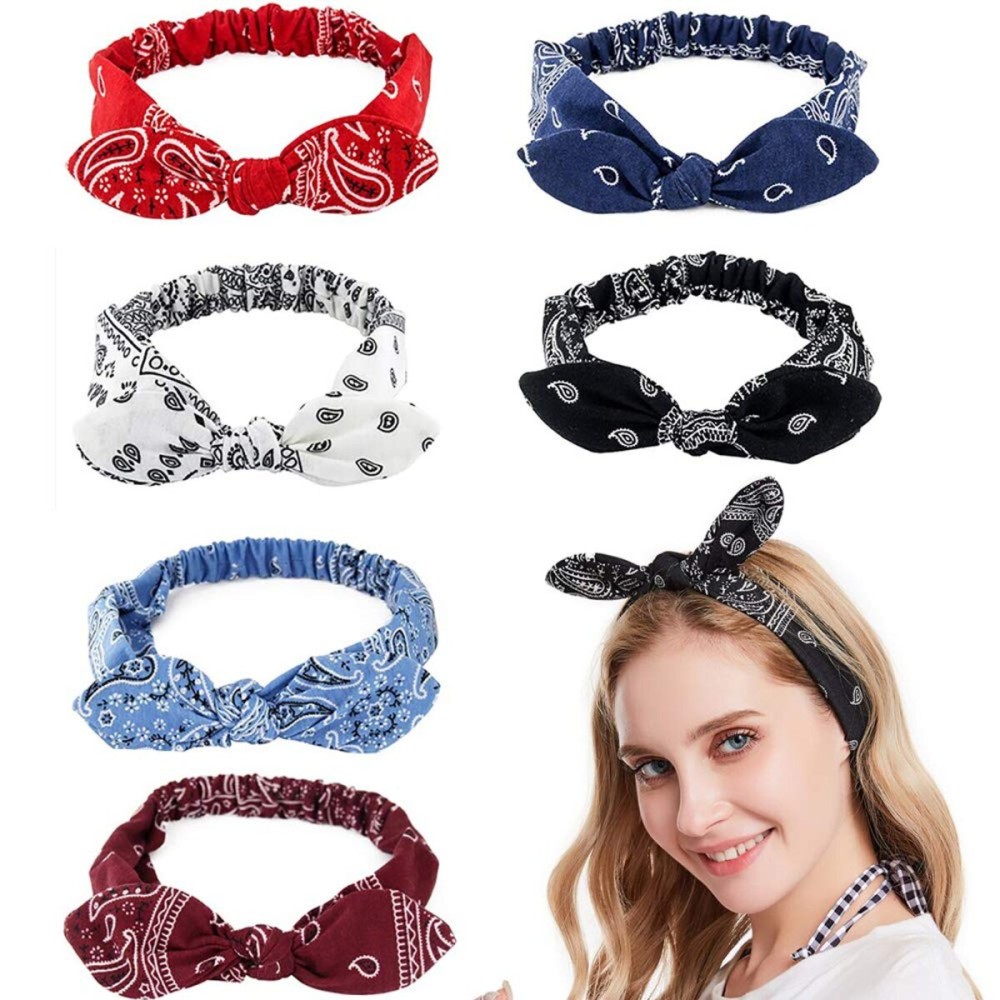 DINPREY Hairband 6 Pack - Elastic Paisley Bandana Headwraps with Rabbit Ear Bow, Cotton Spandex Stretchy Headbands for Women, Hair Accessory for Hair Styling, Yoga, Jogging - 6 Colors DINPREY Hairband 6 Pack - Elastic Paisley Bandana Headwraps with Rabbit Ear Bow, Cotton Spandex Stretchy Headbands for Women, Hair Accessory for Hair Styling, Yoga, Jogging - 6 Colors