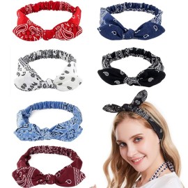 DINPREY Hairband 6 Pack - Elastic Paisley Bandana Headwraps with Rabbit Ear Bow, Cotton Spandex Stretchy Headbands for Women, Hair Accessory for Hair Styling, Yoga, Jogging - 6 Colors
