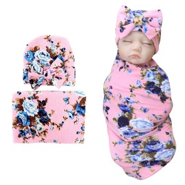 DRESHOW BQUBO 1 Pack Newborn Floral Receiving Blankets Newborn Baby Swaddling with Headbands or Hats Sleepsack Toddler Warm Shower Gift