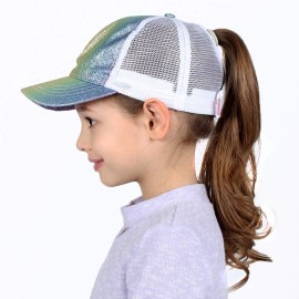 Ponyflo Kids Ponytail and Messy Bun Ponycap with Full Back Opening (Evelyn Green Multi Glitter)