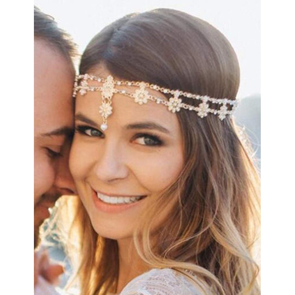 Chargances Bridal Women Flower Vintage Bohemian Headbands Head Chain Crystal Halloween Headpiece Wedding Hair Jewelry(gold)