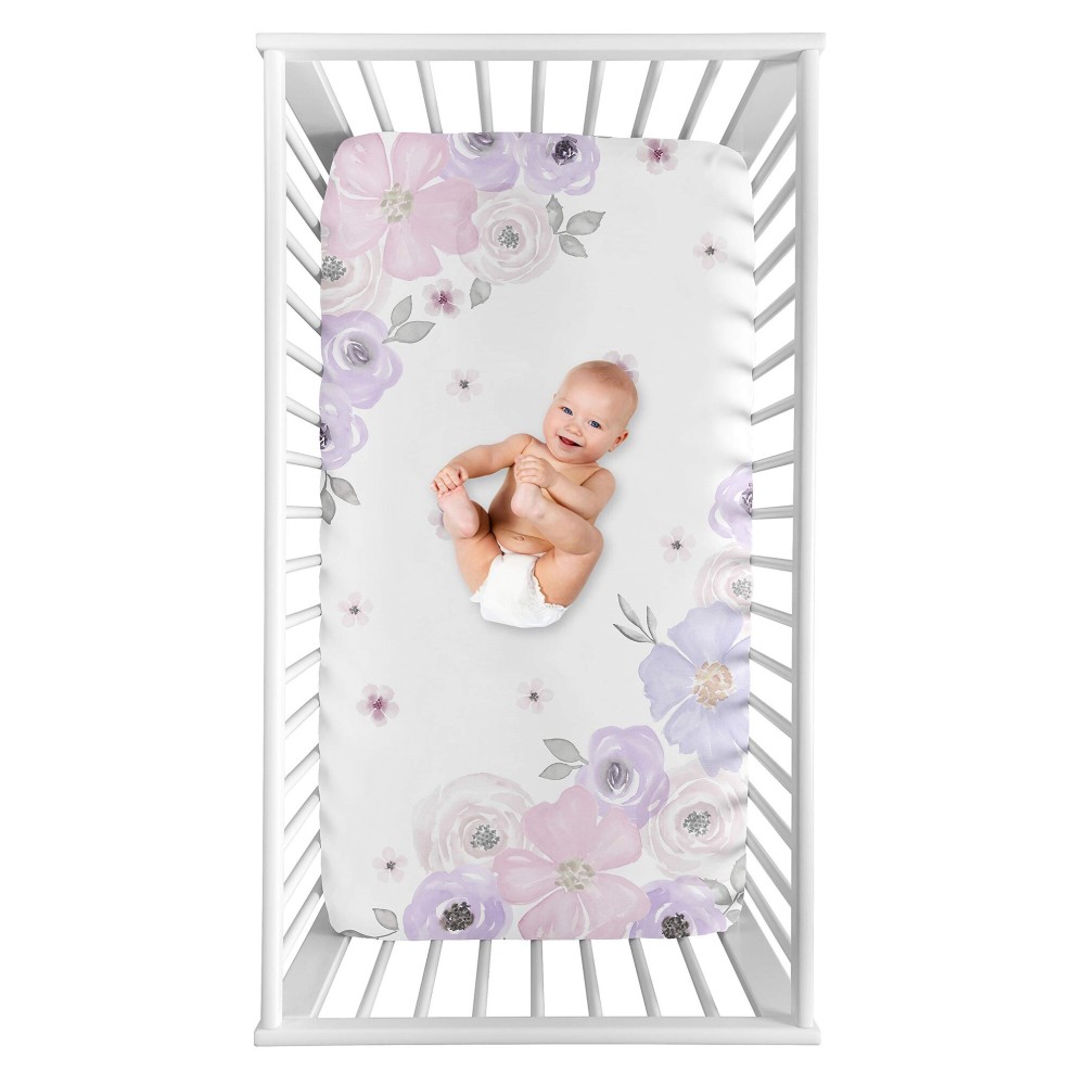 Sweet Jojo Designs Shabby Chic Floral Girl Fitted Crib Sheet Baby or Toddler Bed Nursery Photo Op - Lavender Purple, Pink and Grey Watercolor Rose Flower