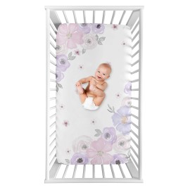 Sweet Jojo Designs Shabby Chic Floral Girl Fitted Crib Sheet Baby or Toddler Bed Nursery Photo Op - Lavender Purple, Pink and Grey Watercolor Rose Flower