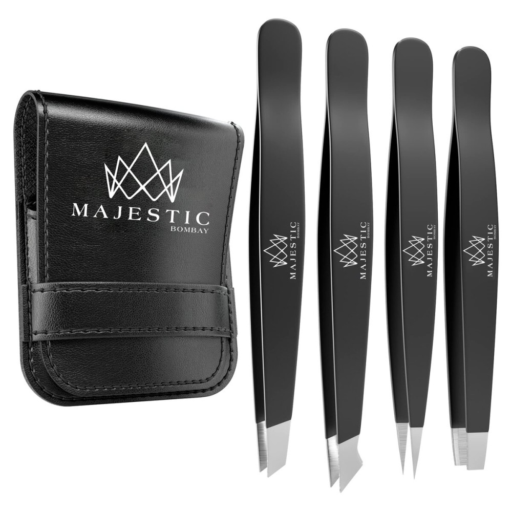 Majestic Bombay Fine Point + Slant Tweezers for Women and Men - Splinter Ticks, Facial, Brow and Ingrown Hair Removal-Sharp, Needle Nose, Surgical Tweezers Precision best tweezers for chin hair