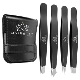 Majestic Bombay Fine Point + Slant Tweezers for Women and Men - Splinter Ticks, Facial, Brow and Ingrown Hair Removal-Sharp, Needle Nose, Surgical Tweezers Precision best tweezers for chin hair