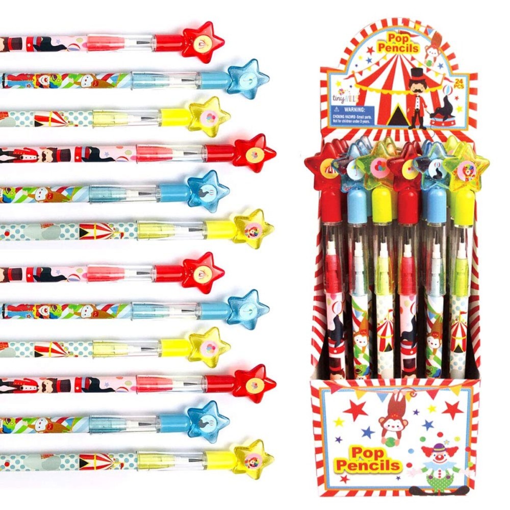 TINYMILLS 24 Pcs Circus Carnival Multi Point Stackable Pencil with Eraser for Circus Carnival Birthday Party Favor Prize Carnival Goodie Bag Stuffers