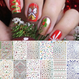 1500+ Patterns Christmas Nail Art Stickers Decals, Kalolary Self-adhesive Nail Stickers Santa Claus Snowflake Snowman Christmas Bell Tree Stick Elk for Christams Nail Decorations (12 Sheet Large Size)