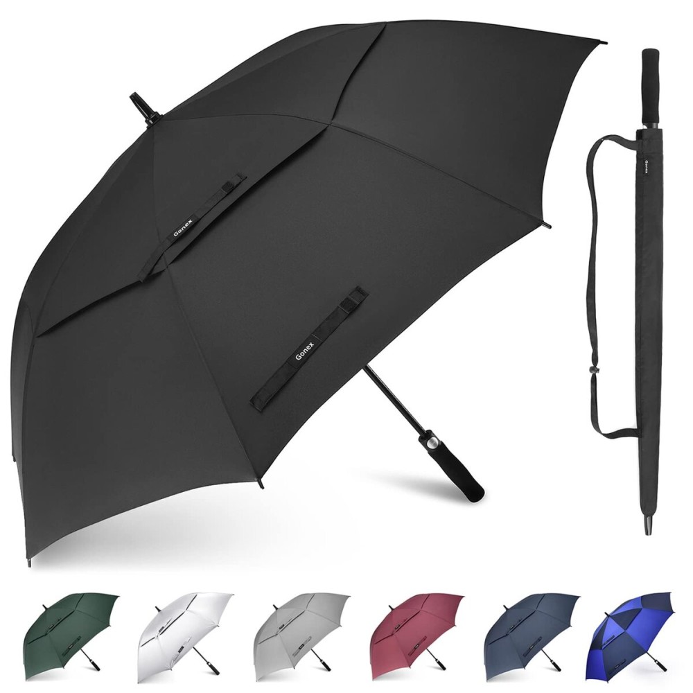 Gonex 62 Inch Extra Large Golf Umbrella, Automatic Open Travel Rain Umbrella with Windproof Water Resistant Double Canopy, Oversize Vented Umbrellas for 2-3 Men and UV Protection, Black