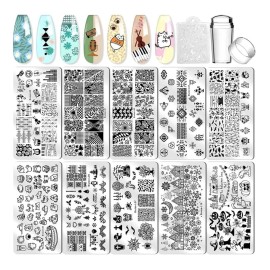Biutee Nail Stamping Plates - 10pcs Templates with Stamper - Christmas Snowflake, Leaves, Flowers, Animal & Holiday Designs