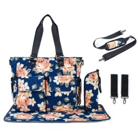 H HIKKER-LINK Womens Large Floral Waterproof Diaper Bag Weekend Bags Handbag for Mom Tote Bag Changing Pad Dark Blue