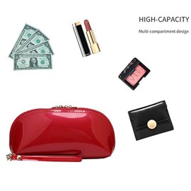ZLMBAGUS Fashion Cosmetic Bag Patent Leather Makeup Pouch Wristlet Zipper Makeup Case Holder Coin Purse Clutch Red
