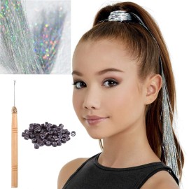 47 Holographic Hair Tinsel Kit Shining Silver Professional Sparkle Heat-Resistant Silk Hairpieces, Hair Accessories for Girls, Party Hair, Gifts for Girls (1000 Strands, Shining Silver)
