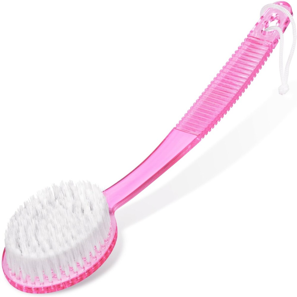 DecorRack Bath Brush with Bristles, Long Handle for Exfoliating Back, Body, and Feet, Bath and Shower Scrubber, Pink (1 Pack)