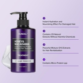 KUNDAL Honey & Macadamia Natural Conditioner, Korean Hair Care Damage Repair, Deep Hydration, Long Lasting Fragrance, with Honey, Argan Oil, Macadamia Oil 16.9fl oz (Baby Powder)