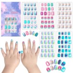 SIUSIO 120Pcs 5 Pack Children Acrylic Fake Nails Press on Pre-glue Full Cover Glitter Gradient Color Short False Nail Art Kits Sets Great Christmas Gift for Kids Little Girls - Mermaid Beach