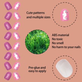 SIUSIO 120Pcs 5 Pack Children Acrylic Fake Nails Press on Pre-glue Full Cover Glitter Gradient Color Short False Nail Art Kits Sets Great Christmas Gift for Kids Little Girls - Mermaid Beach