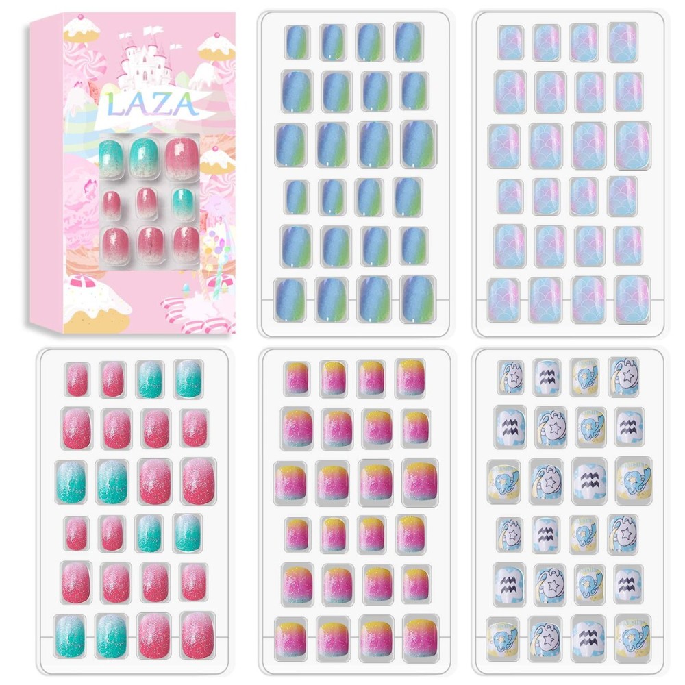 Laza 120pcs Children Nails Press On Pre-glue Full Cover Nail Tips Kit Glitter Gradient Color Rainbow Short Artificial False Nail Kits Lovely Christmas Gift for Children Kids Girls - Little Mermaid Laza 120pcs Children Nails Press On Pre-glue Full Cover Nail Tips Kit Glitter Gradient Color Rainbow Short Artificial False Nail Kits Lovely Christmas Gift for Children Kids Girls - Little Mermaid