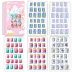 Laza 120pcs Children Nails Press On Pre-glue Full Cover Nail Tips Kit Glitter Gradient Color Rainbow Short Artificial False Nail Kits Lovely Christmas Gift for Children Kids Girls - Little Mermaid