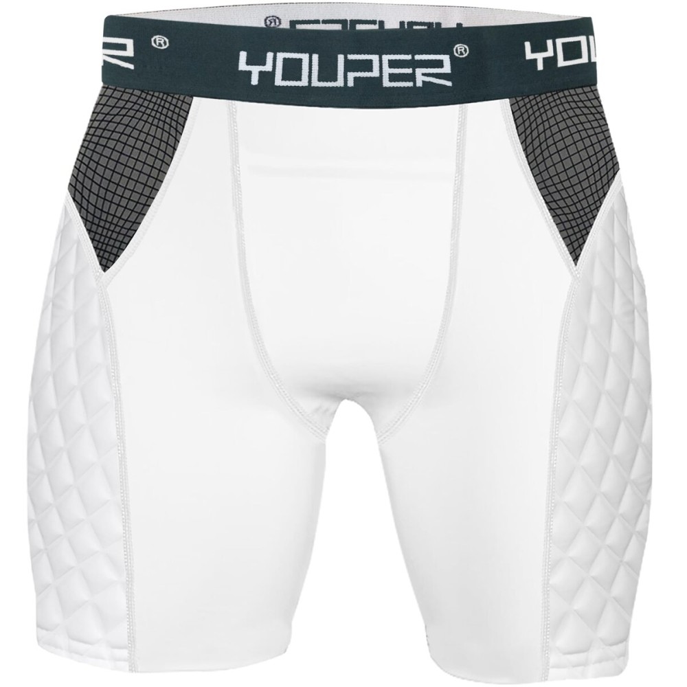 Youper Adult Elite Compression Padded Sliding Shorts w/Cup Pocket for Baseball, Football (White, Small)