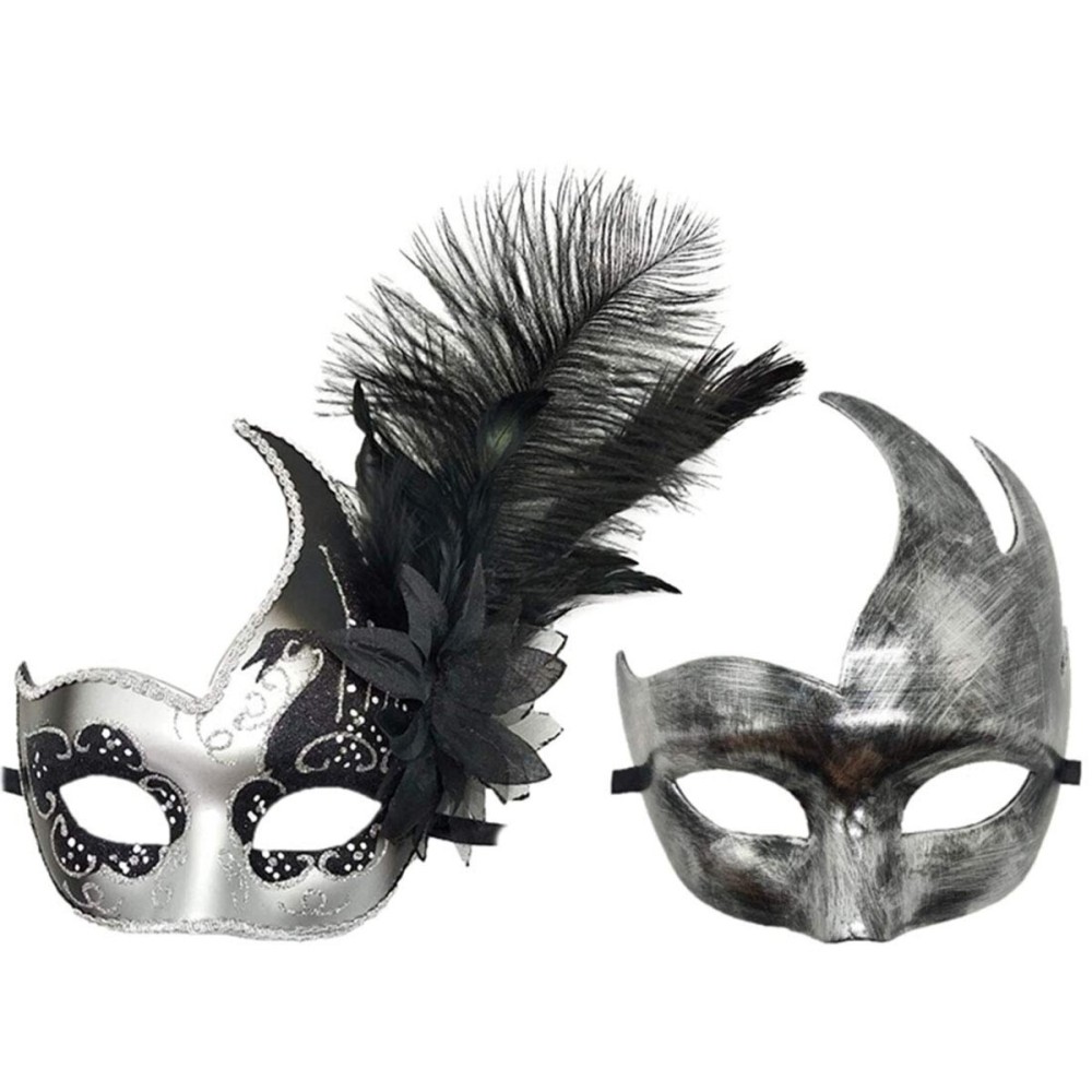 Costume Mask Feather Masquerade Mask Halloween Mardi Gras Cosplay Party Masque (Couple Silver Black)