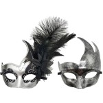 Costume Mask Feather Masquerade Mask Halloween Mardi Gras Cosplay Party Masque (Couple Silver Black)