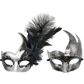Costume Mask Feather Masquerade Mask Halloween Mardi Gras Cosplay Party Masque (Couple Silver Black)