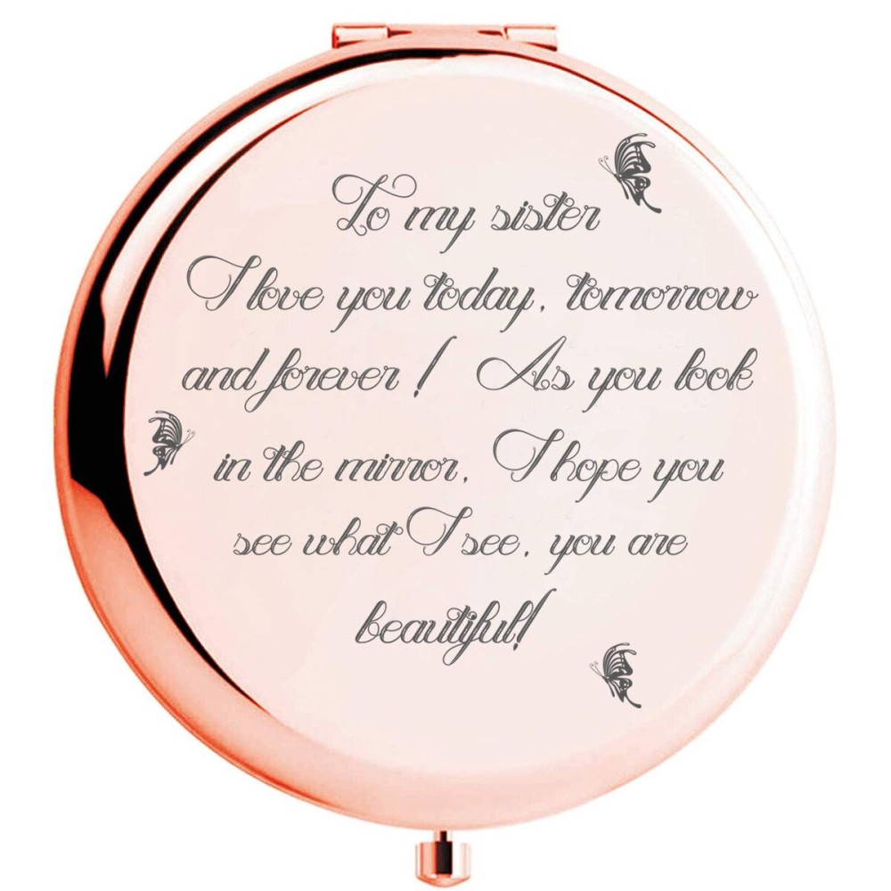 Fnbgl Sister Gifts from Sister Brother, Sisters Birthday Gift Ideas, Rose Gold Compact Mirror with Treasured Message for Mother\'s Day, Birthday, Christmas, Graduation and Special Celebration