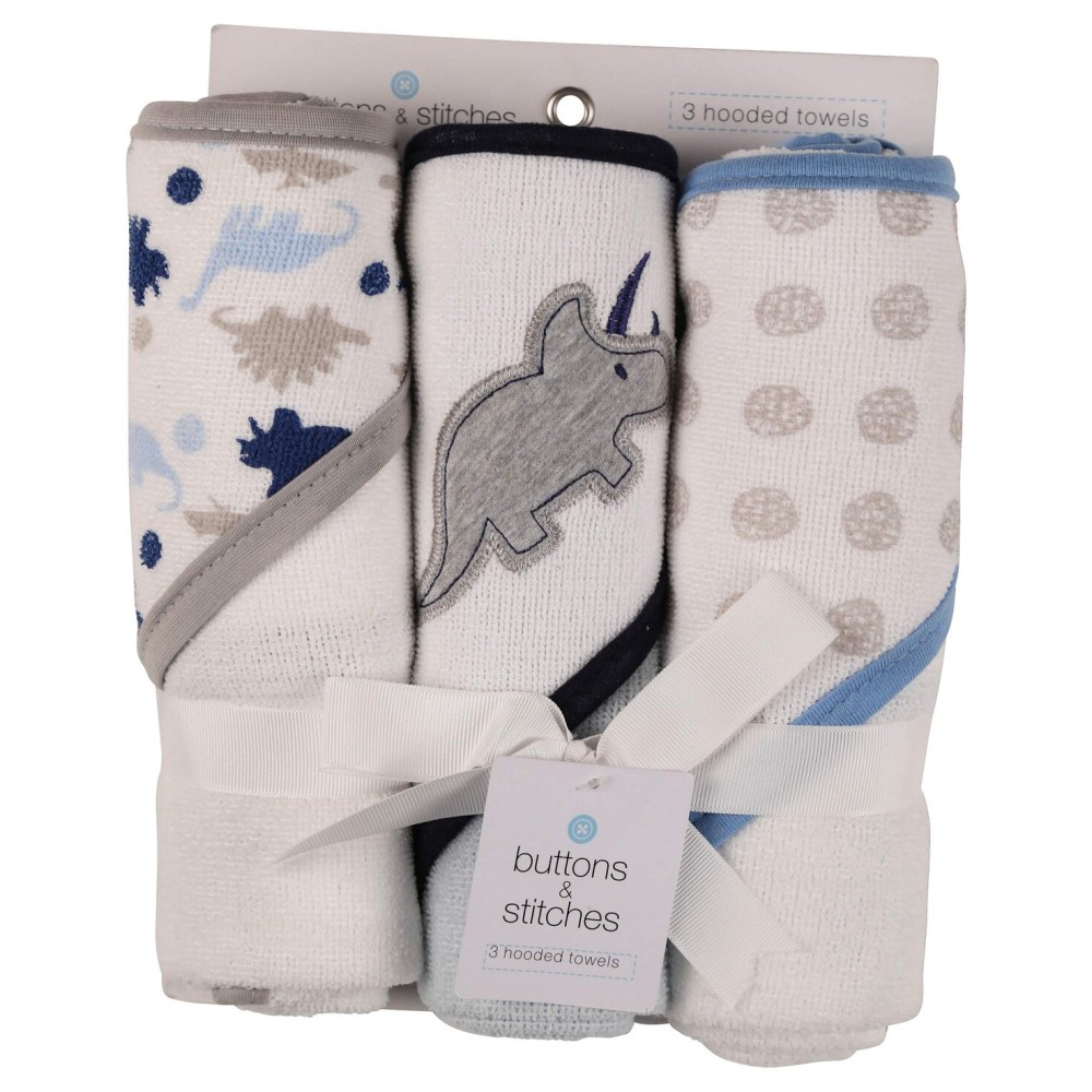 Cudlie Buttons and Stitches Baby Boys 3 Pack Infant Hooded Towel, Triceratops Prints (GS71365)