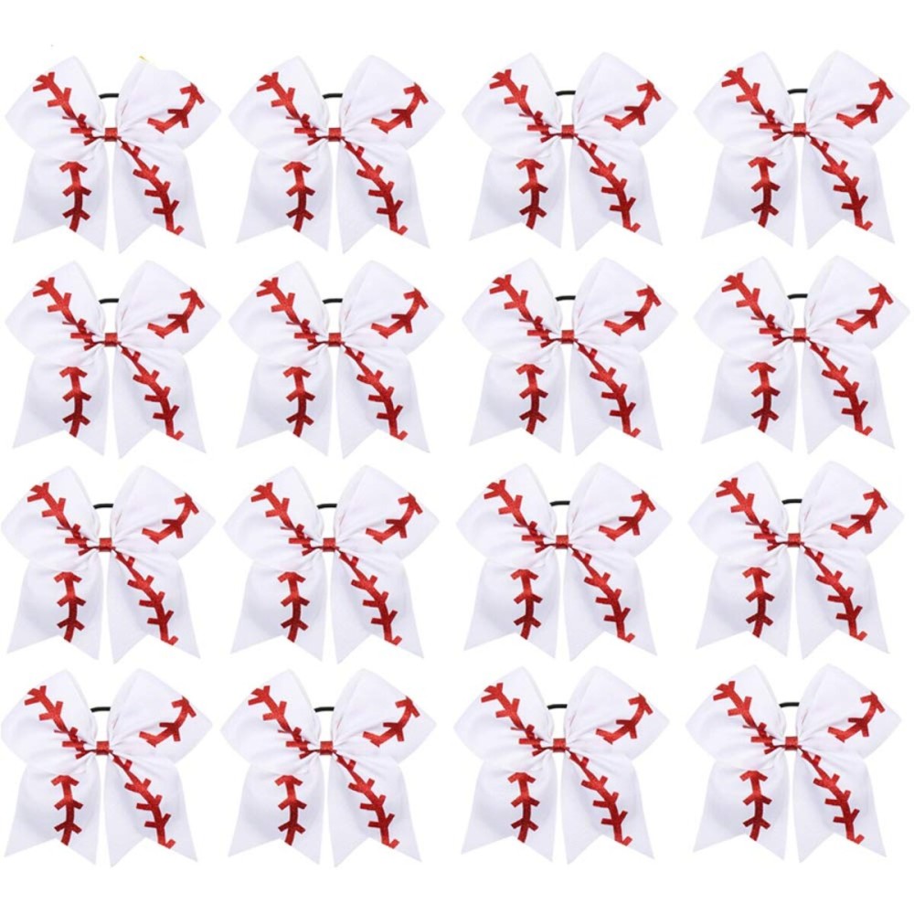 16PCS 8 Large Cheer Hair Bows Ponytail Holder Elastic Band Handmade for Cheerleading Teen Girls College Sports (Baseball White, 16 Count (Pack of 1))