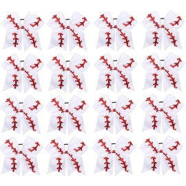 16PCS 8 Large Cheer Hair Bows Ponytail Holder Elastic Band Handmade for Cheerleading Teen Girls College Sports (Baseball White, 16 Count (Pack of 1))