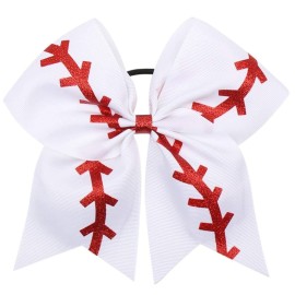 16PCS 8 Large Cheer Hair Bows Ponytail Holder Elastic Band Handmade for Cheerleading Teen Girls College Sports (Baseball White, 16 Count (Pack of 1))