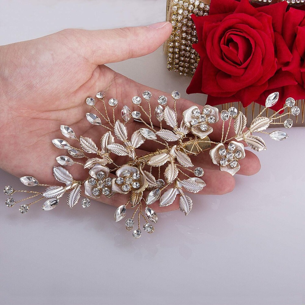 CROWN GUIDE Gold Rhinestone Bridal Hair Comb Barrette Handmade Flower Clip Pin Wedding Hair Accessories Pieces for Women Rose Gold CROWN GUIDE Gold Rhinestone Bridal Hair Comb Barrette Handmade Flower Clip Pin Wedding Hair Accessories Pieces for Women Rose Gold