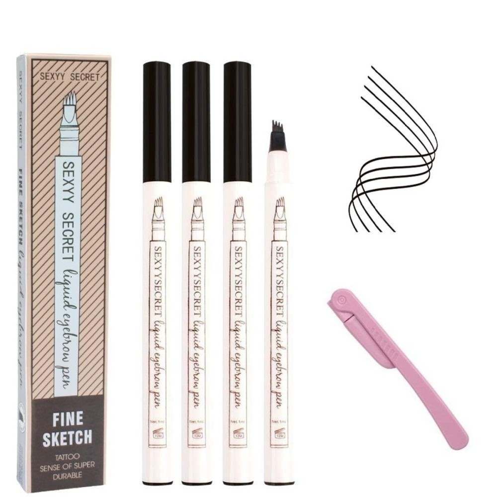 Microblading Eyebrow Pen 4 Pack Black Brow Pencil 3D Waterproof Eyebrow Pen Waterproof Eyebrow Pencil Micro-Fork Tip Brow Pen Natural All Day Eyebrow Makeup