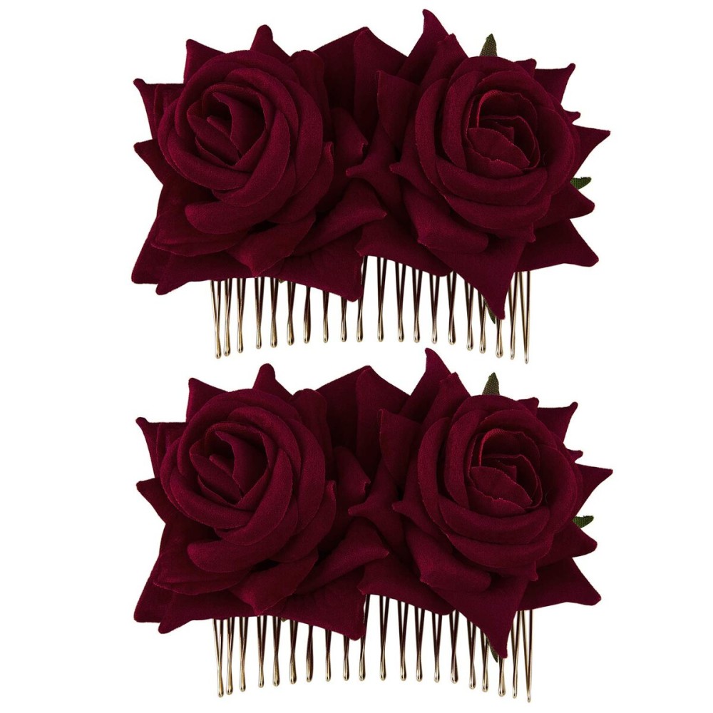 CROWN GUIDE 2-Pack Rose Flower Bridal Hair Combs Women Wedding Hair Accessories Pieces For Brides Flamenco Dancer Hairstyles Burgundy CROWN GUIDE 2-Pack Rose Flower Bridal Hair Combs Women Wedding Hair Accessories Pieces For Brides Flamenco Dancer Hairstyles Burgundy
