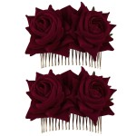 CROWN GUIDE 2-Pack Rose Flower Bridal Hair Combs Women Wedding Hair Accessories Pieces For Brides Flamenco Dancer Hairstyles Burgundy